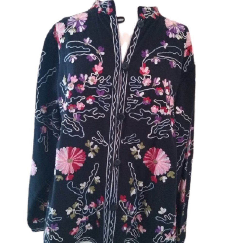Take Two Women's Embroidered Floral Jacket, Black Multicolor, Size XL